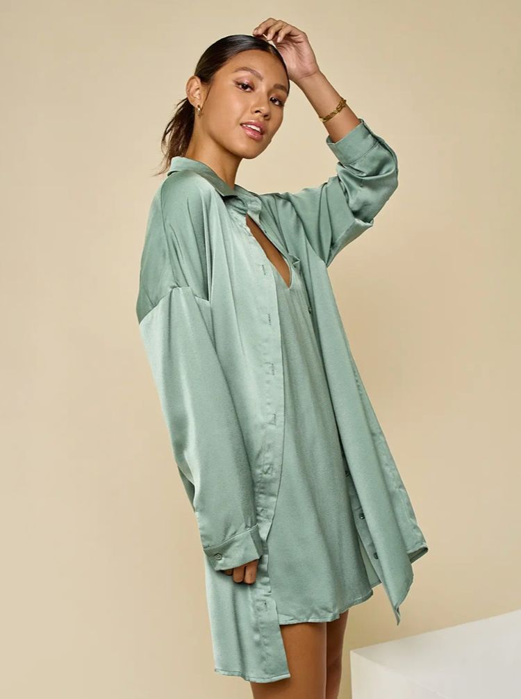 Satin Long Sleeve Shirt Dress