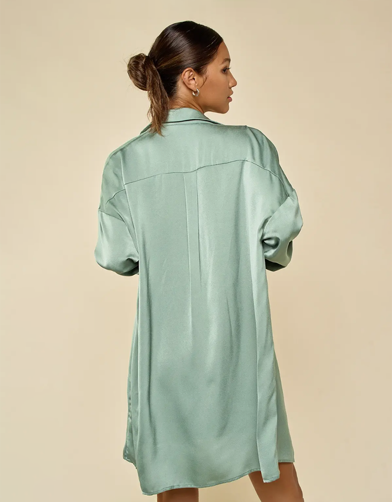 Long Sleeve Sage Satin Shirt Dress
