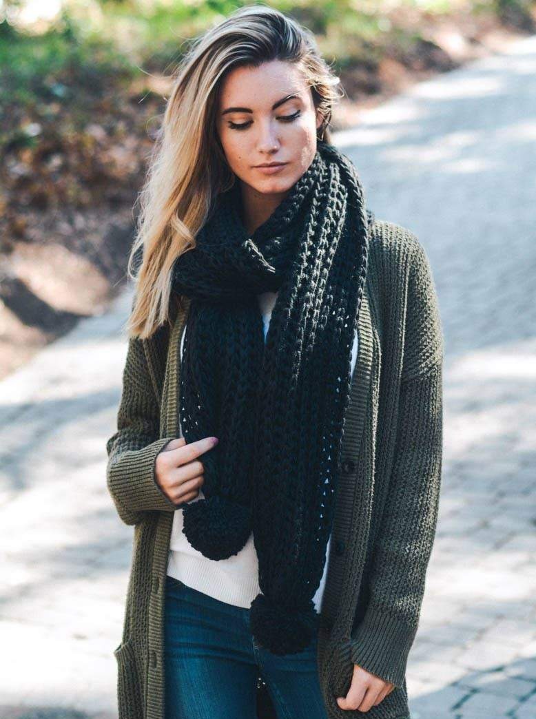 Black Knit Pom Scarf