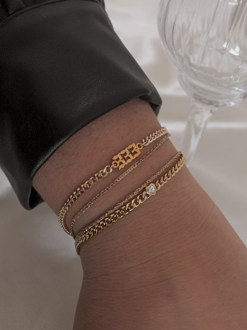 Gold Bracelet Stack with Angel Numbers and Heart Charms