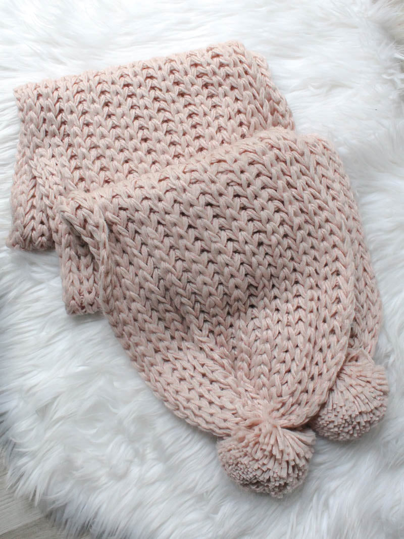 Chunky Knit Pom Scarf  - Pink