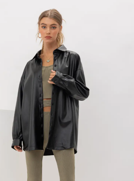 Black Faux Leather Button Up Top